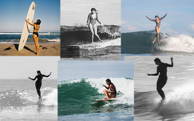 スタイリッシュな女性サーファーが楽しく波に乗っている画像